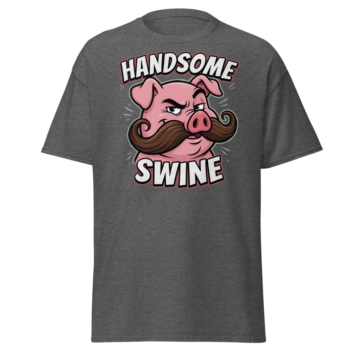 Handsome Swine Funny Pig Mustache T-Shirt - Dark Heather - TeeRipple
