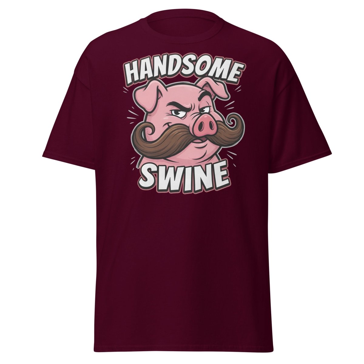 Handsome Swine Funny Pig Mustache T-Shirt - Maroon - TeeRipple