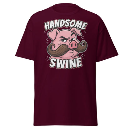 Handsome Swine Funny Pig Mustache T-Shirt - Maroon - TeeRipple