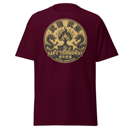 Han's Tournament 1973 Martial Arts T-Shirt - Enter The Dragon Inspired - Maroon - TeeRipple