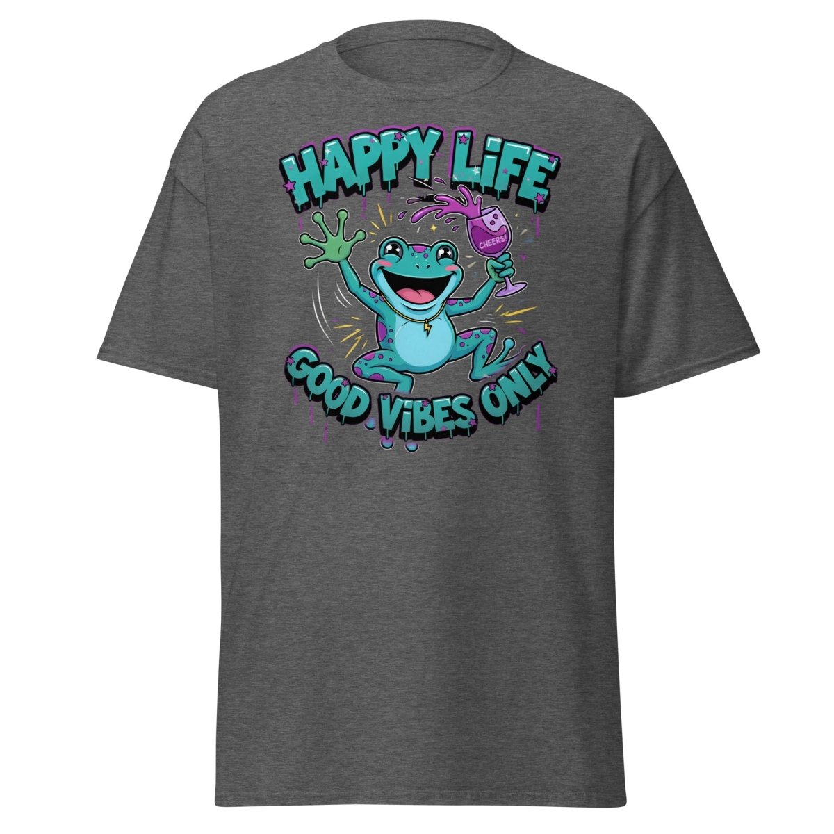 Happy Life Good Vibes Only Frog T-Shirt | Cheers - Dark Heather - TeeRipple