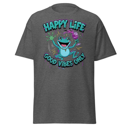 Happy Life Good Vibes Only Frog T-Shirt | Cheers - Dark Heather - TeeRipple
