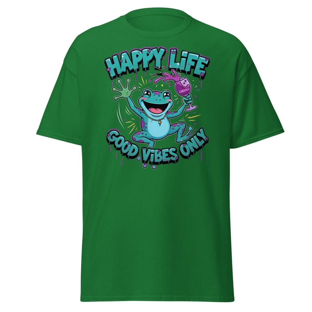 Happy Life Good Vibes Only Frog T-Shirt | Cheers - Turf Green - TeeRipple