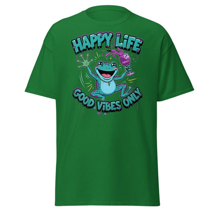 Happy Life Good Vibes Only Frog T-Shirt | Cheers - Turf Green - TeeRipple