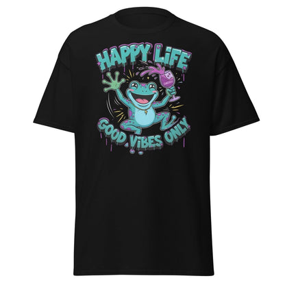 Happy Life Good Vibes Only Frog T-Shirt | Cheers - Black - TeeRipple