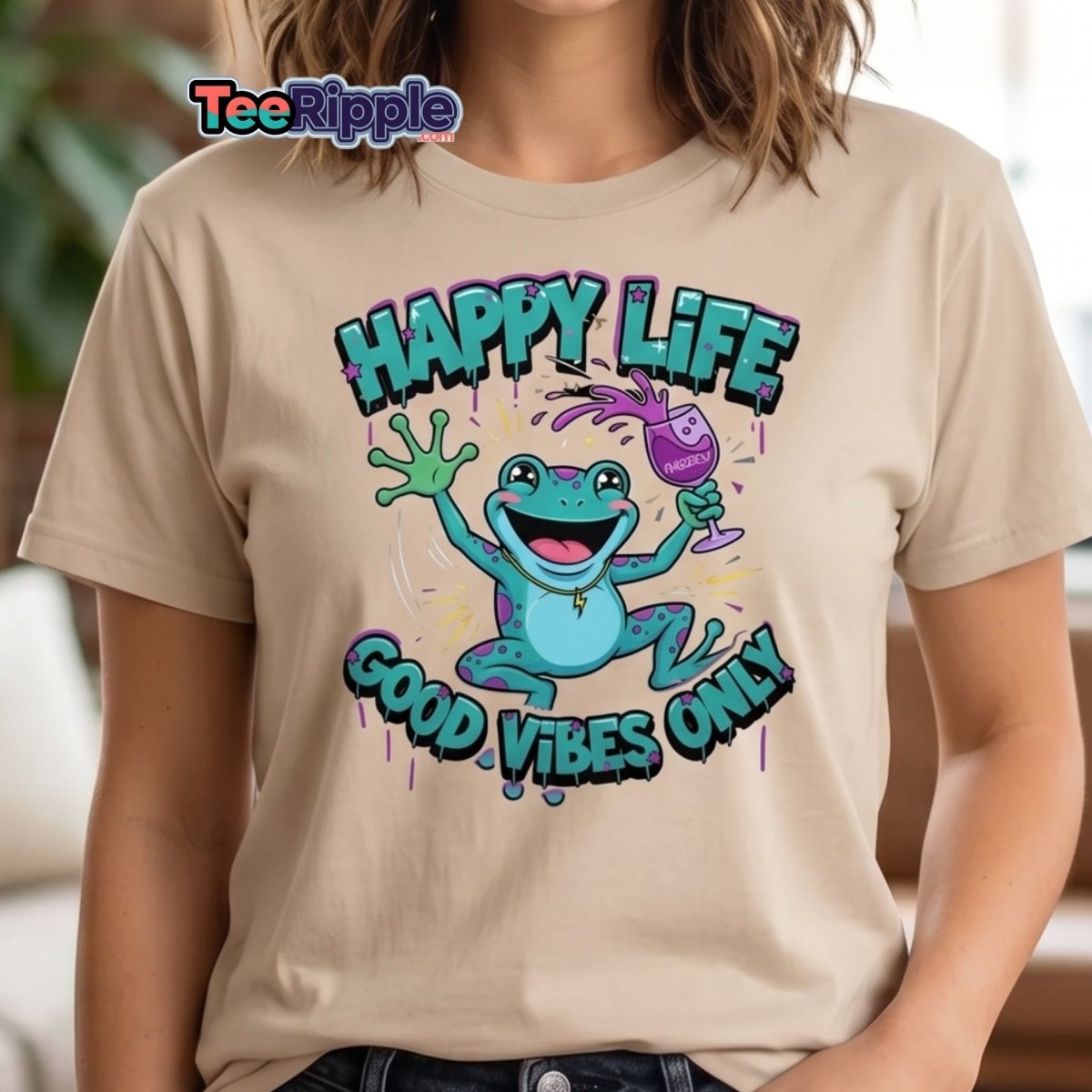 Happy Life Good Vibes Only Frog T-Shirt | Cheers - Maroon - TeeRipple