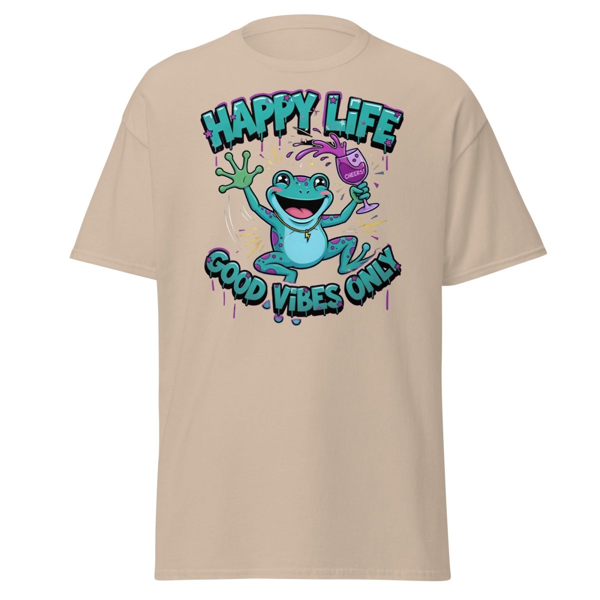 Happy Life Good Vibes Only Frog T-Shirt | Cheers - Sand - TeeRipple