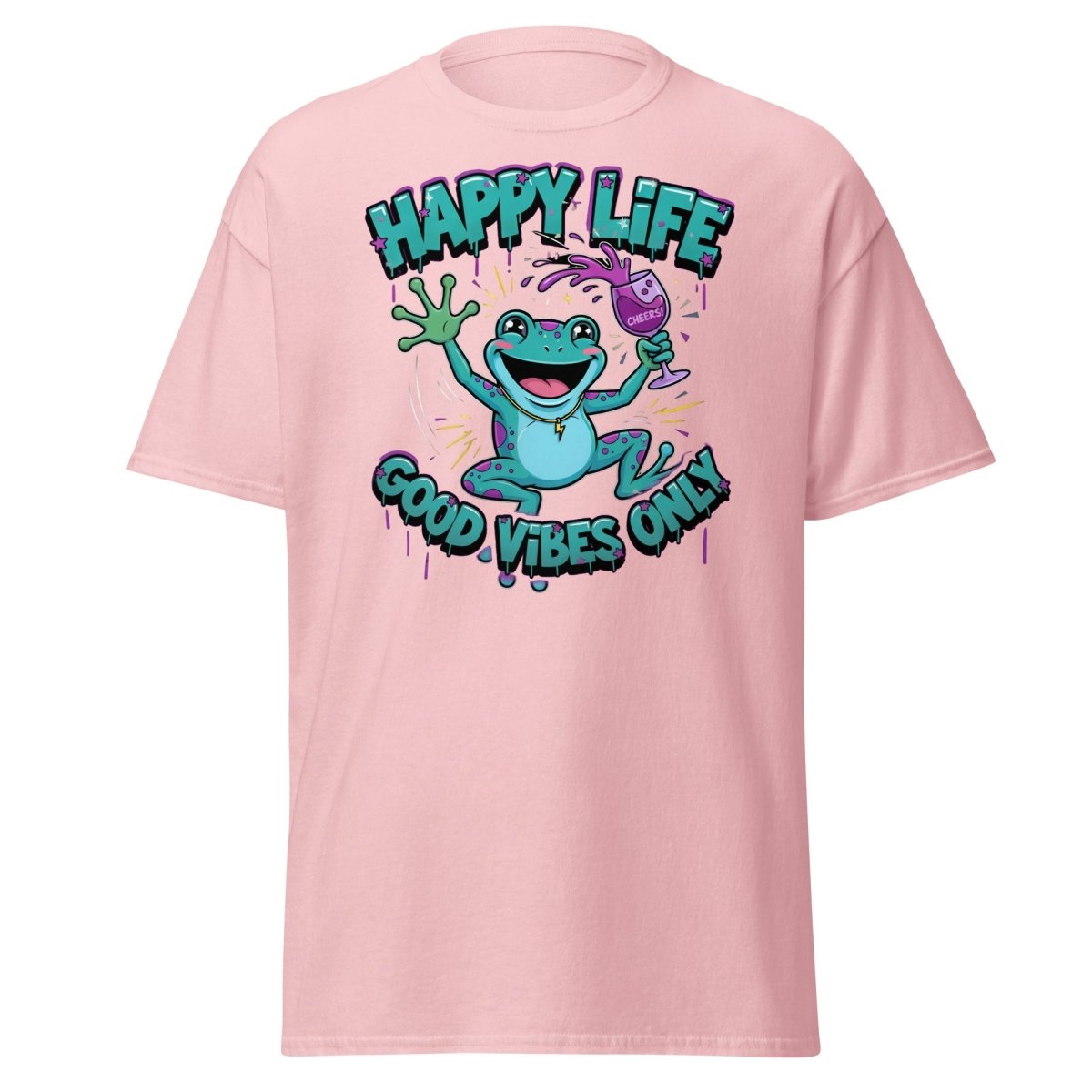 Happy Life Good Vibes Only Frog T-Shirt | Cheers - Light Pink - TeeRipple