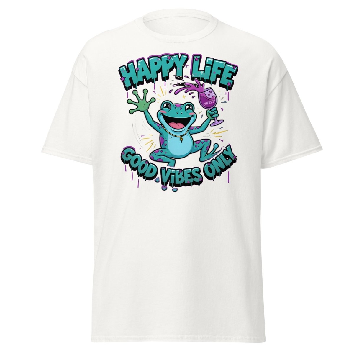Happy Life Good Vibes Only Frog T-Shirt | Cheers - White - TeeRipple