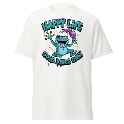 Happy Life Good Vibes Only Frog T-Shirt | Cheers - White - TeeRipple
