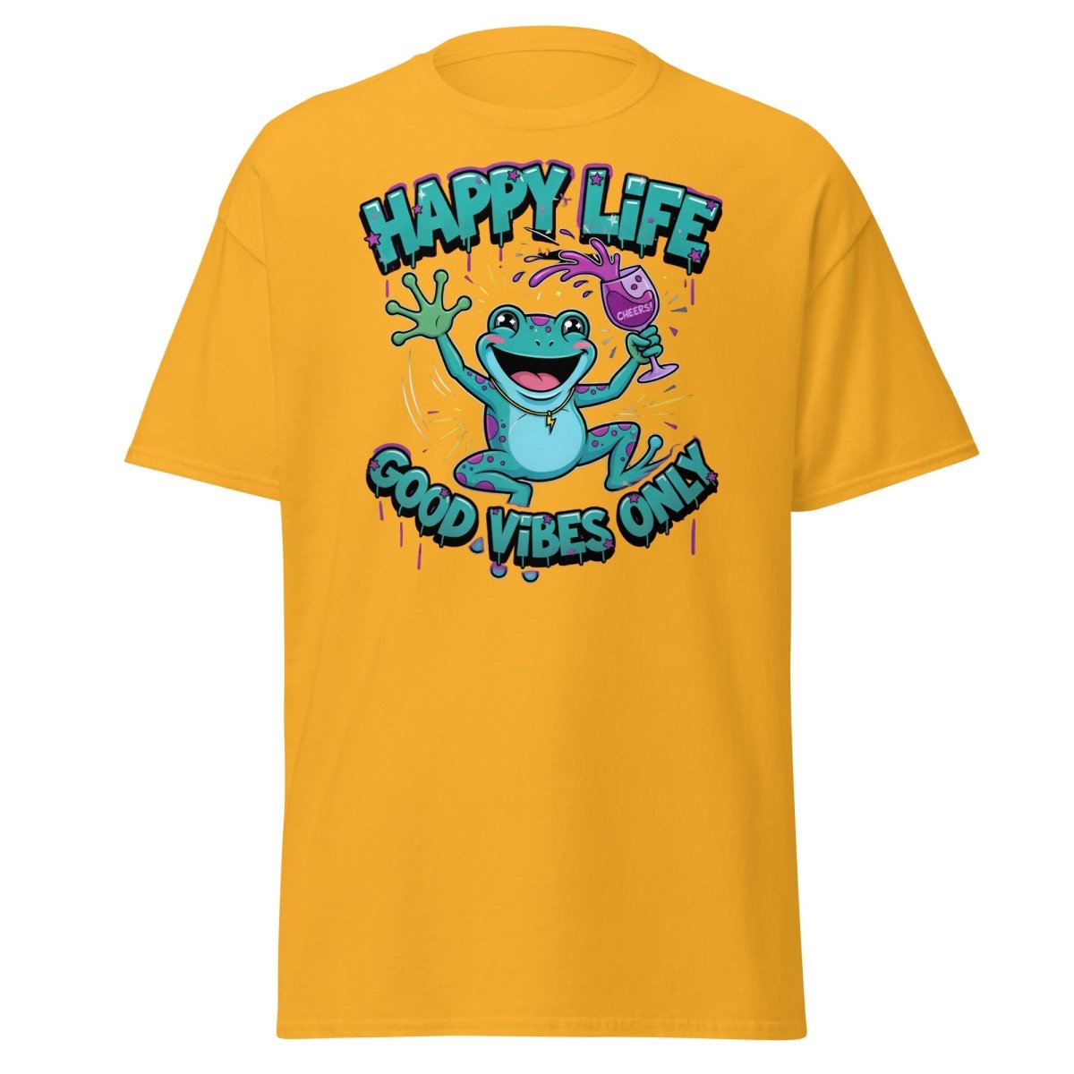 Happy Life Good Vibes Only Frog T-Shirt | Cheers - Gold - TeeRipple