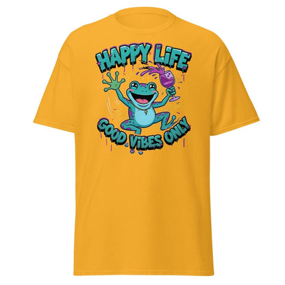 Happy Life Good Vibes Only Frog T-Shirt | Cheers - Gold - TeeRipple