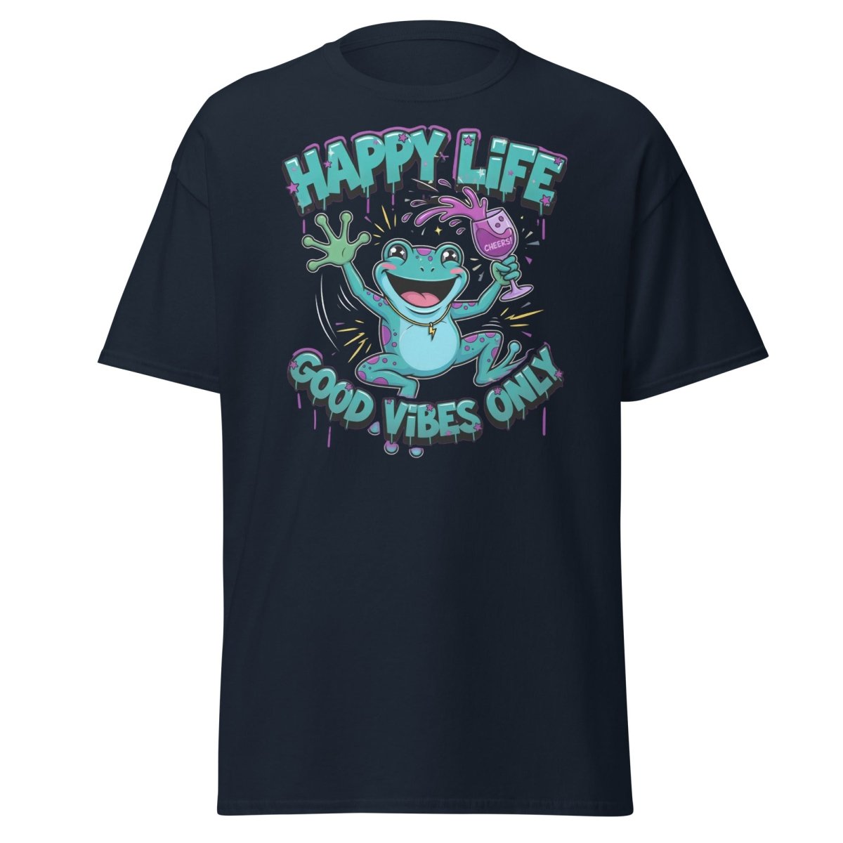 Happy Life Good Vibes Only Frog T-Shirt | Cheers - Navy - TeeRipple