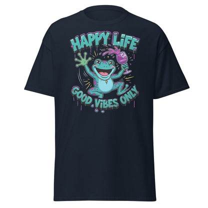 Happy Life Good Vibes Only Frog T-Shirt | Cheers - Navy - TeeRipple