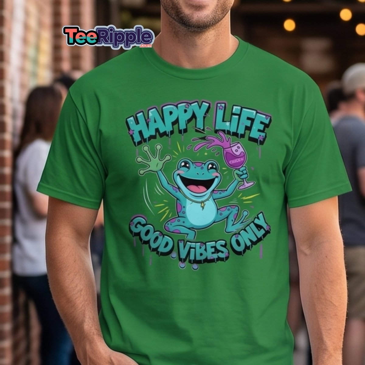 Happy Life Good Vibes Only Frog T-Shirt | Cheers - Maroon - TeeRipple