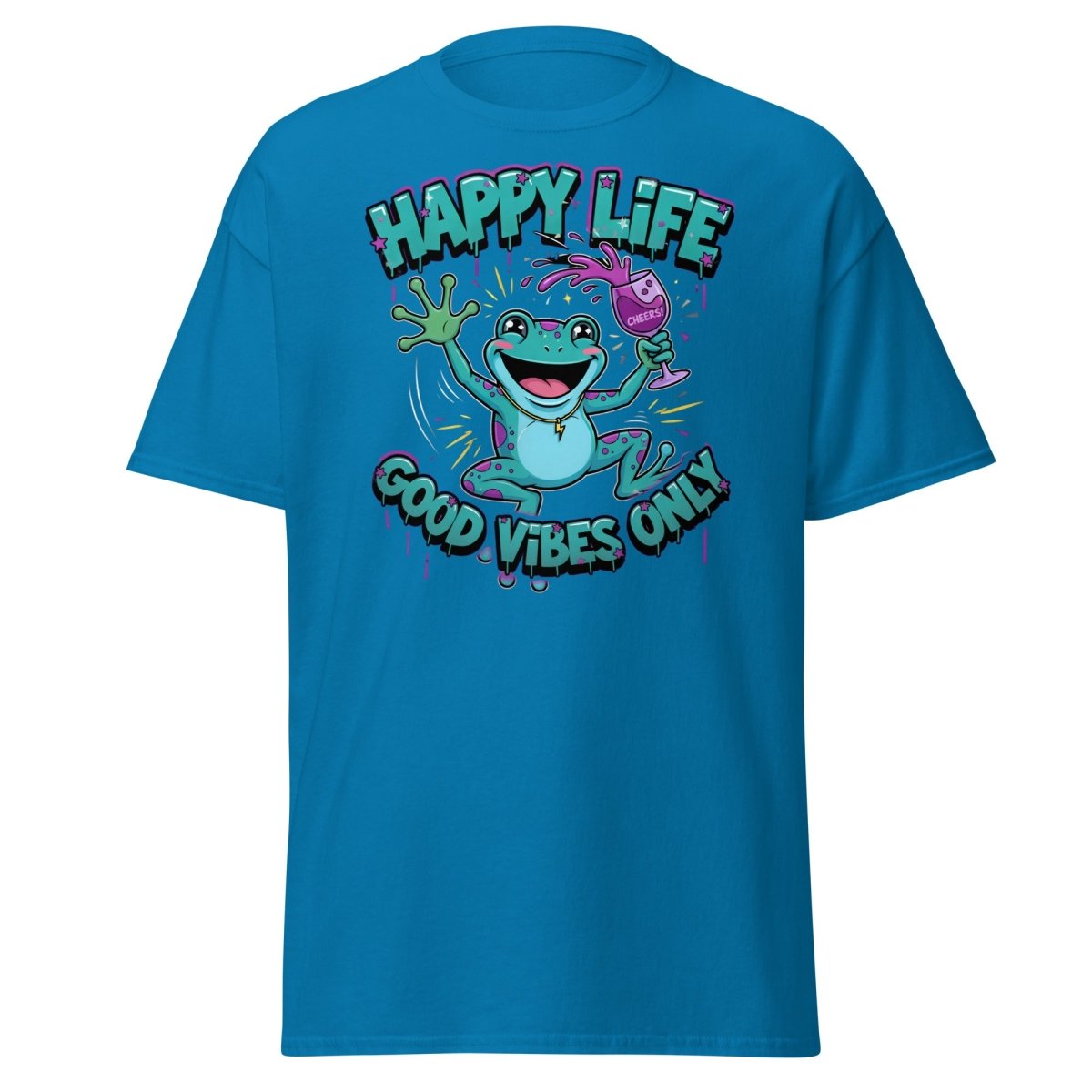 Happy Life Good Vibes Only Frog T-Shirt | Cheers - Sapphire - TeeRipple