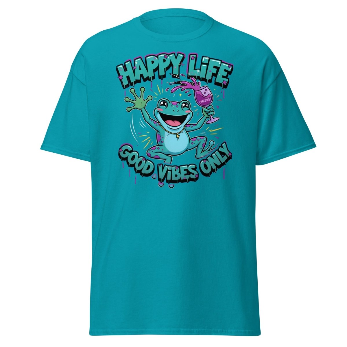 Happy Life Good Vibes Only Frog T-Shirt | Cheers - Tropical Blue - TeeRipple