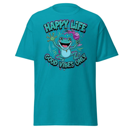 Happy Life Good Vibes Only Frog T-Shirt | Cheers - Tropical Blue - TeeRipple