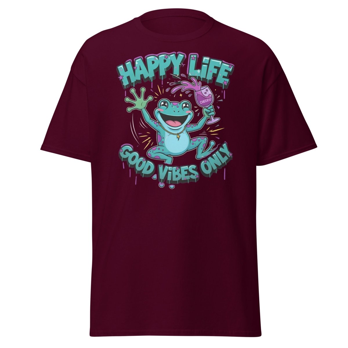 Happy Life Good Vibes Only Frog T-Shirt | Cheers - Maroon - TeeRipple