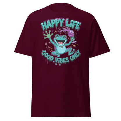 Happy Life Good Vibes Only Frog T-Shirt | Cheers - Maroon - TeeRipple