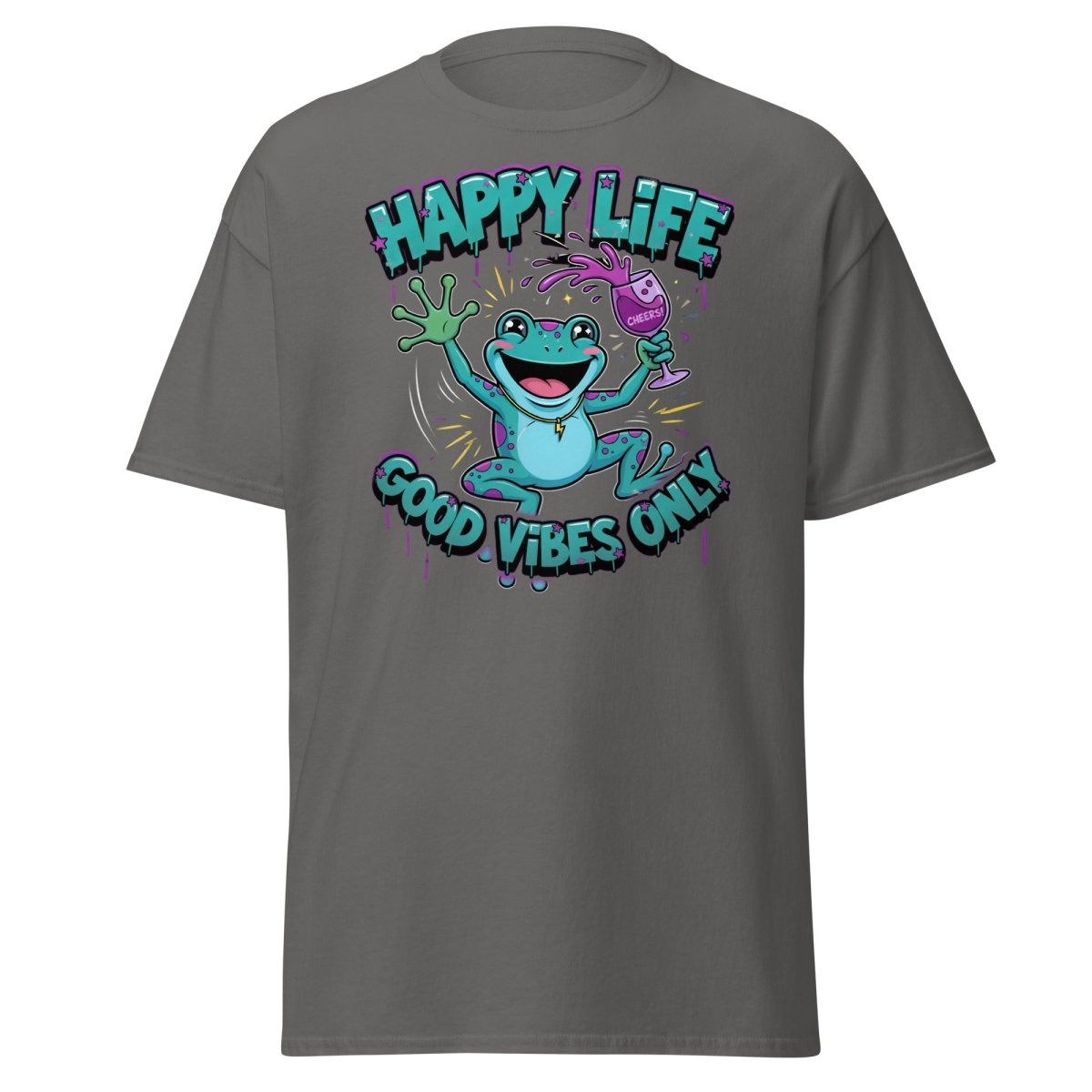 Happy Life Good Vibes Only Frog T-Shirt | Cheers - Charcoal - TeeRipple