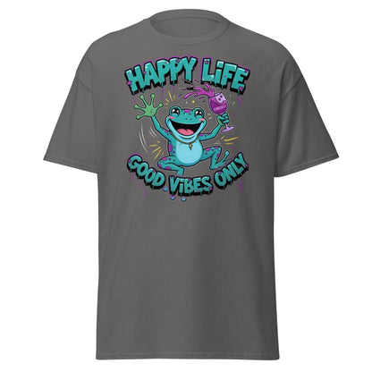Happy Life Good Vibes Only Frog T-Shirt | Cheers - Charcoal - TeeRipple