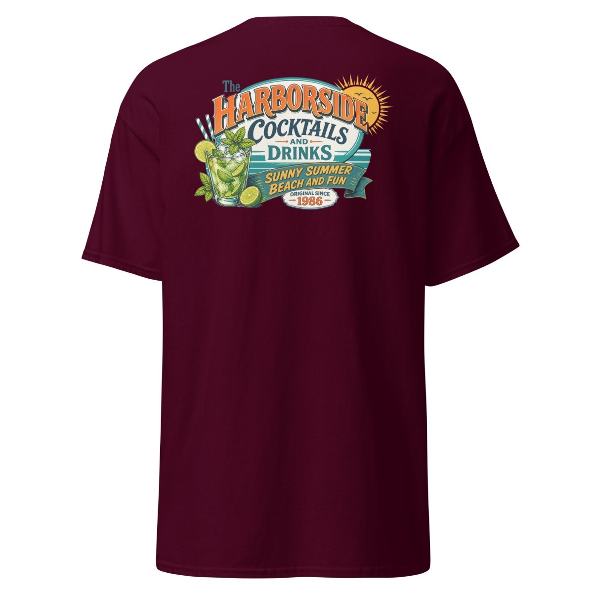 Harborside Cocktails Vintage Beach T-Shirt - Maroon - TeeRipple