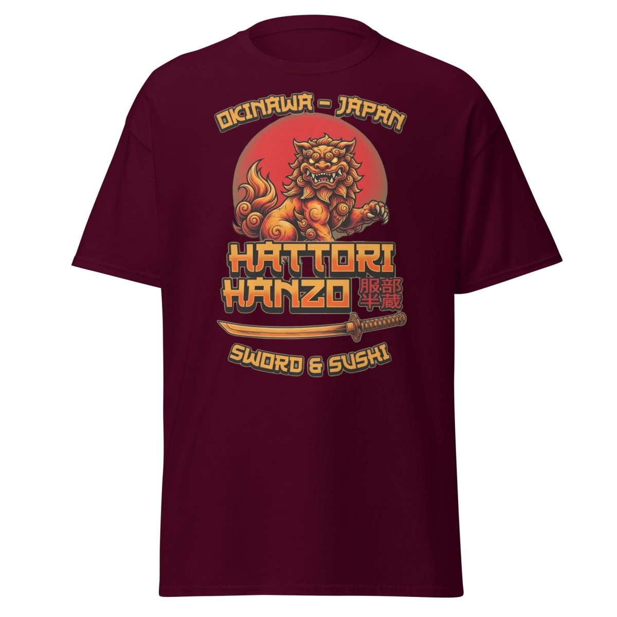 Hattori Hanzo Sword & Sushi Okinawa T-Shirt - Maroon - TeeRipple