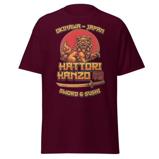 Hattori Hanzo Sword & Sushi Okinawa T-Shirt - Maroon - TeeRipple