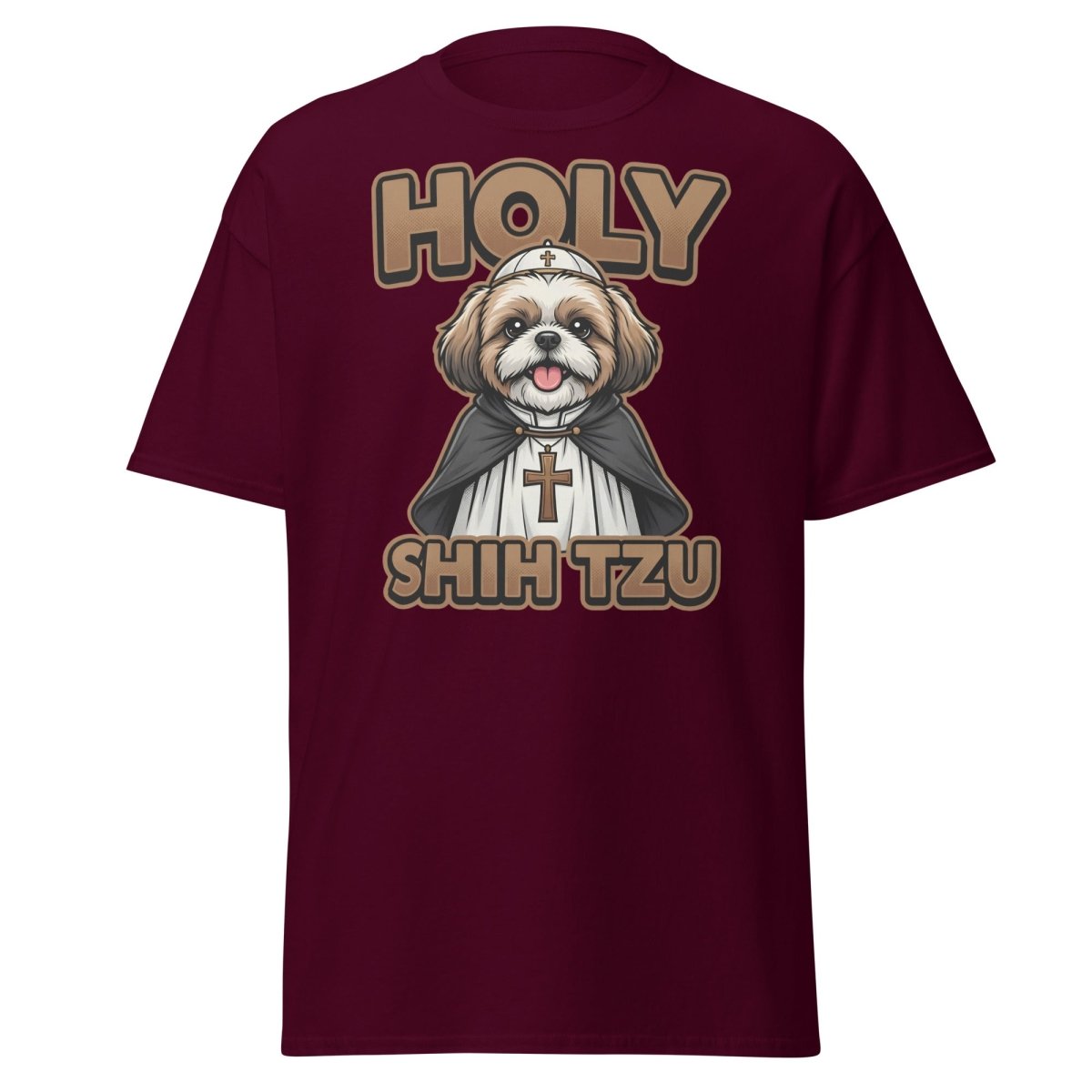 Holy Shih Tzu T-Shirt - Funny Dog Pope Pun Tee - Maroon - TeeRipple
