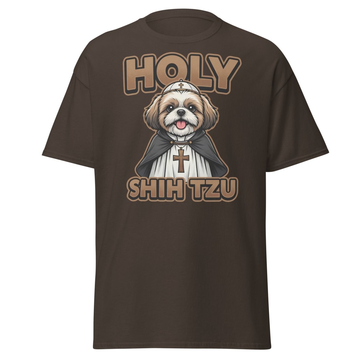 Holy Shih Tzu T-Shirt - Funny Dog Pope Pun Tee - Dark Chocolate - TeeRipple