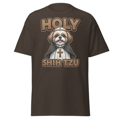 Holy Shih Tzu T-Shirt - Funny Dog Pope Pun Tee - Dark Chocolate - TeeRipple