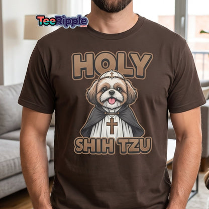 Holy Shih Tzu T-Shirt - Funny Dog Pope Pun Tee - Maroon - TeeRipple
