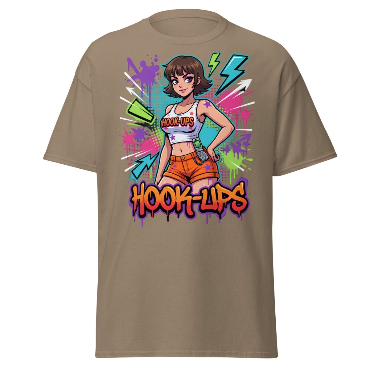 Hook - Ups Retro 90s Girl T-Shirt – Funny Y2K Party Tee - Brown Savana - TeeRipple