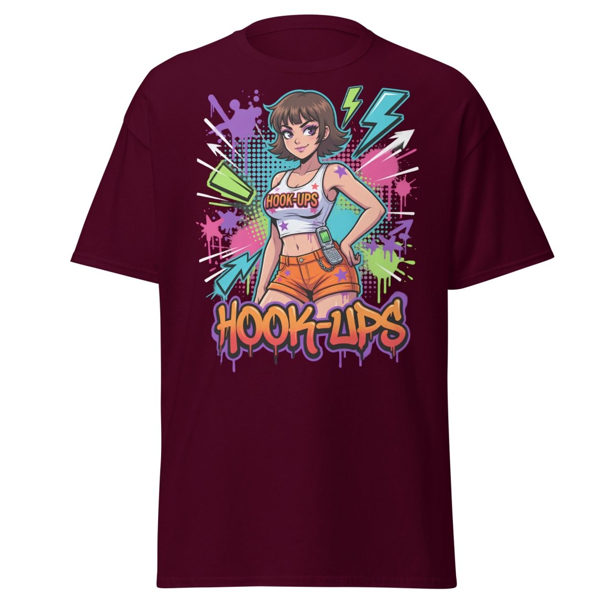 Hook - Ups Retro 90s Girl T-Shirt – Funny Y2K Party Tee - Maroon - TeeRipple