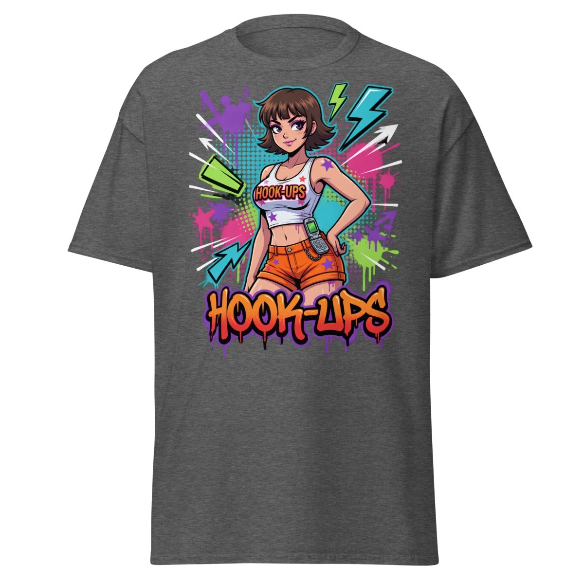Hook - Ups Retro 90s Girl T-Shirt – Funny Y2K Party Tee - Dark Heather - TeeRipple