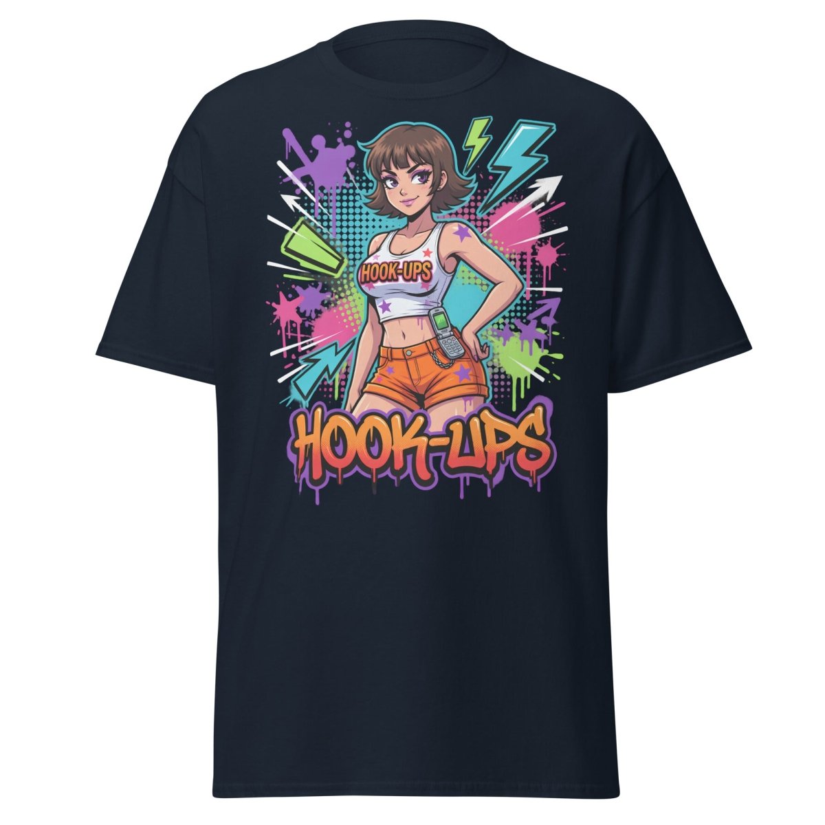 Hook - Ups Retro 90s Girl T-Shirt – Funny Y2K Party Tee - Navy - TeeRipple