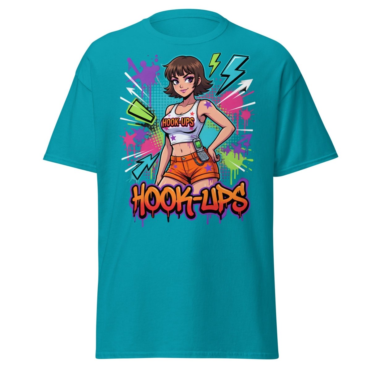 Hook - Ups Retro 90s Girl T-Shirt – Funny Y2K Party Tee - Tropical Blue - TeeRipple
