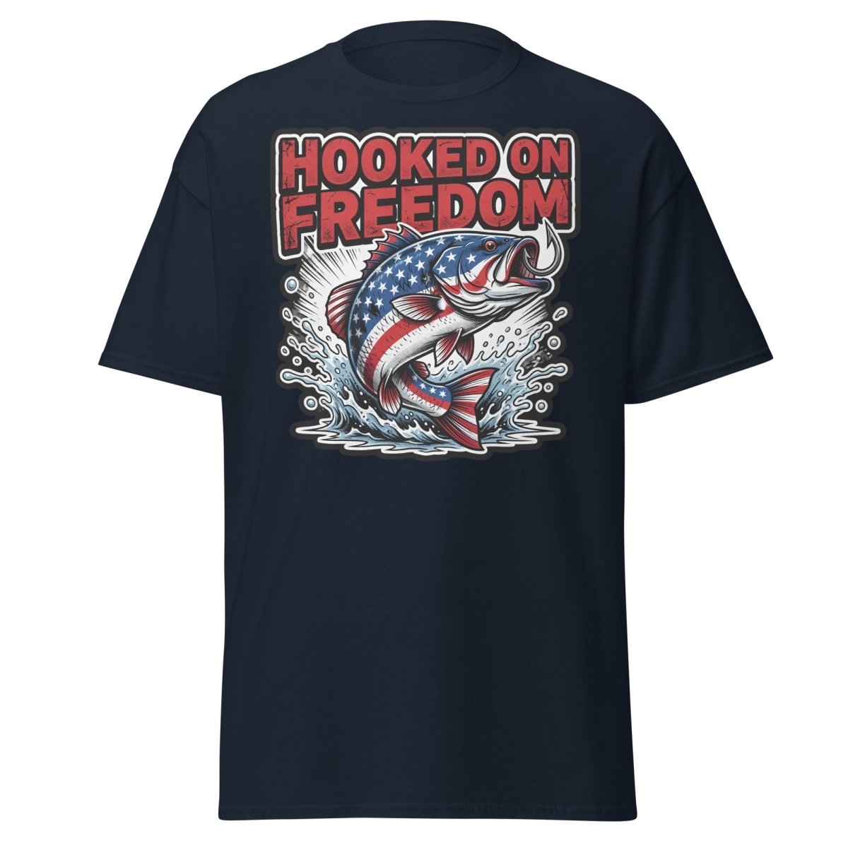 Hooked on Freedom Patriotic Bass Fishing T-Shirt USA Flag - Navy - TeeRipple