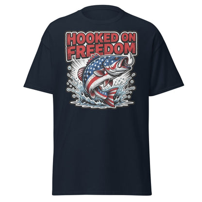 Hooked on Freedom Patriotic Bass Fishing T-Shirt USA Flag - Navy - TeeRipple