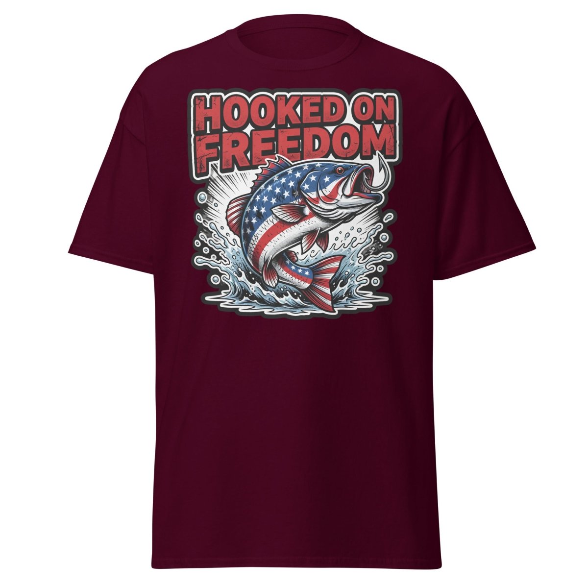 Hooked on Freedom Patriotic Bass Fishing T-Shirt USA Flag - Maroon - TeeRipple