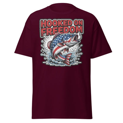 Hooked on Freedom Patriotic Bass Fishing T-Shirt USA Flag - Maroon - TeeRipple