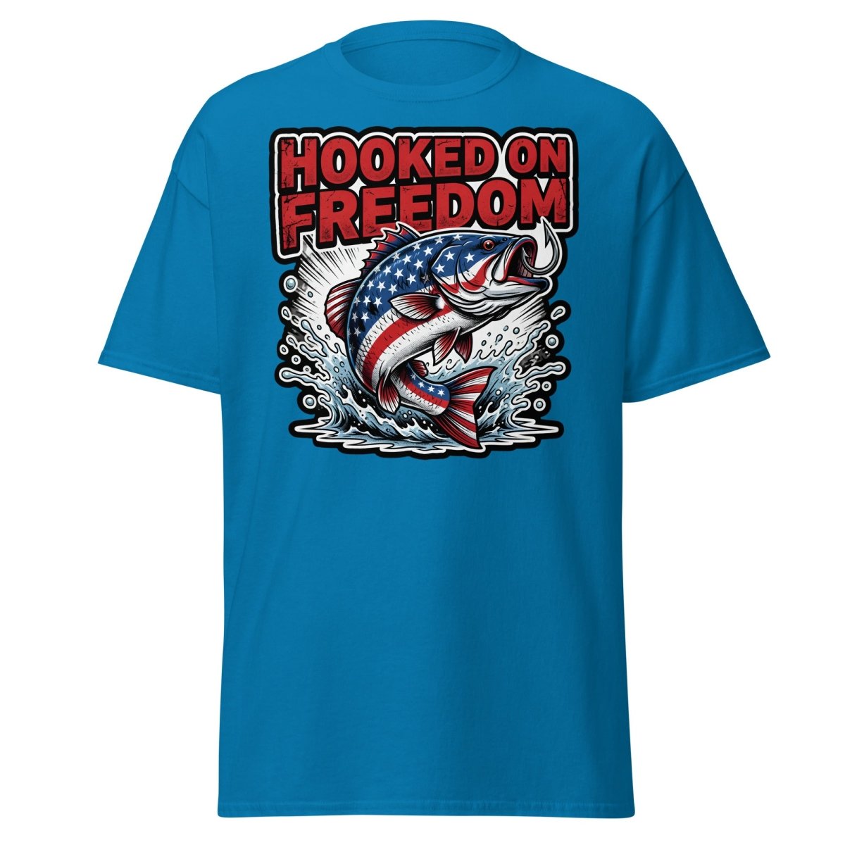 Hooked on Freedom Patriotic Bass Fishing T-Shirt USA Flag - Sapphire - TeeRipple