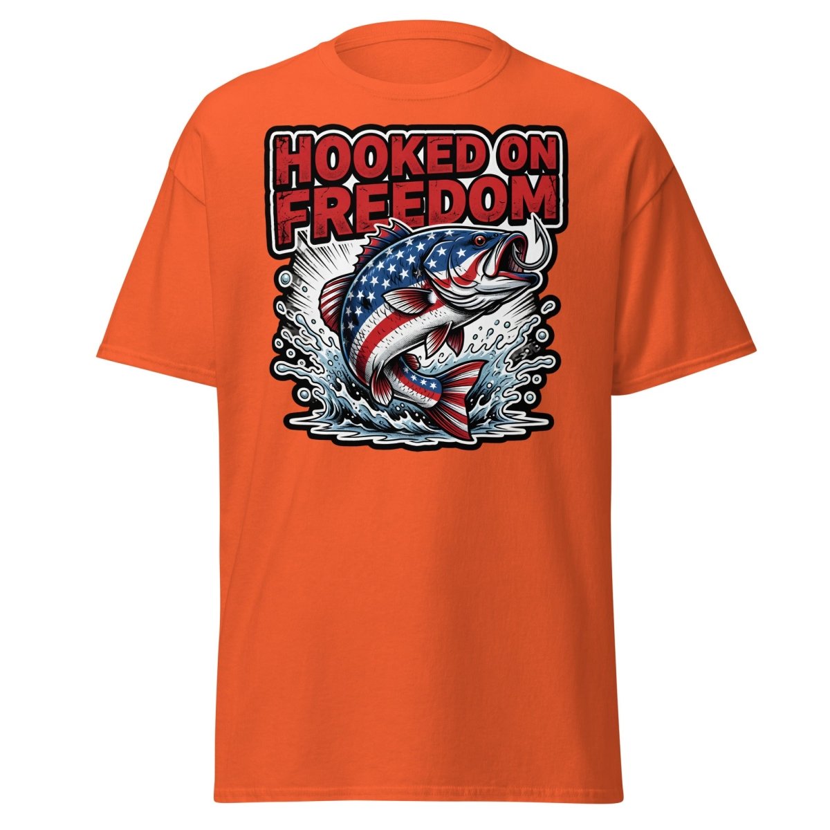 Hooked on Freedom Patriotic Bass Fishing T-Shirt USA Flag - Orange - TeeRipple
