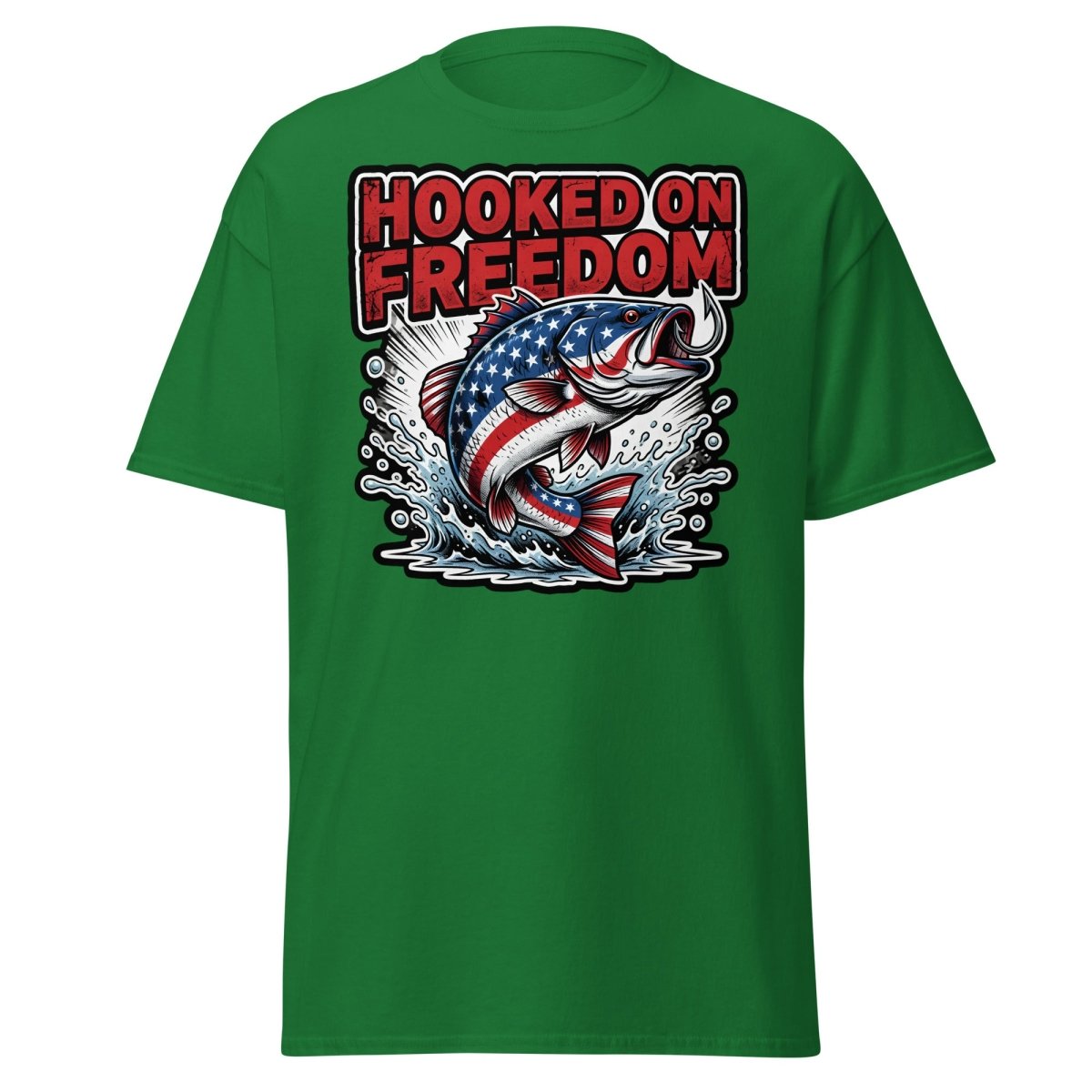 Hooked on Freedom Patriotic Bass Fishing T-Shirt USA Flag - Turf Green - TeeRipple