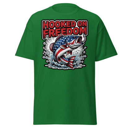 Hooked on Freedom Patriotic Bass Fishing T-Shirt USA Flag - Turf Green - TeeRipple