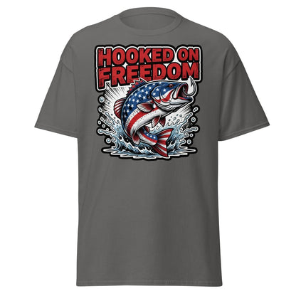 Hooked on Freedom Patriotic Bass Fishing T-Shirt USA Flag - Charcoal - TeeRipple