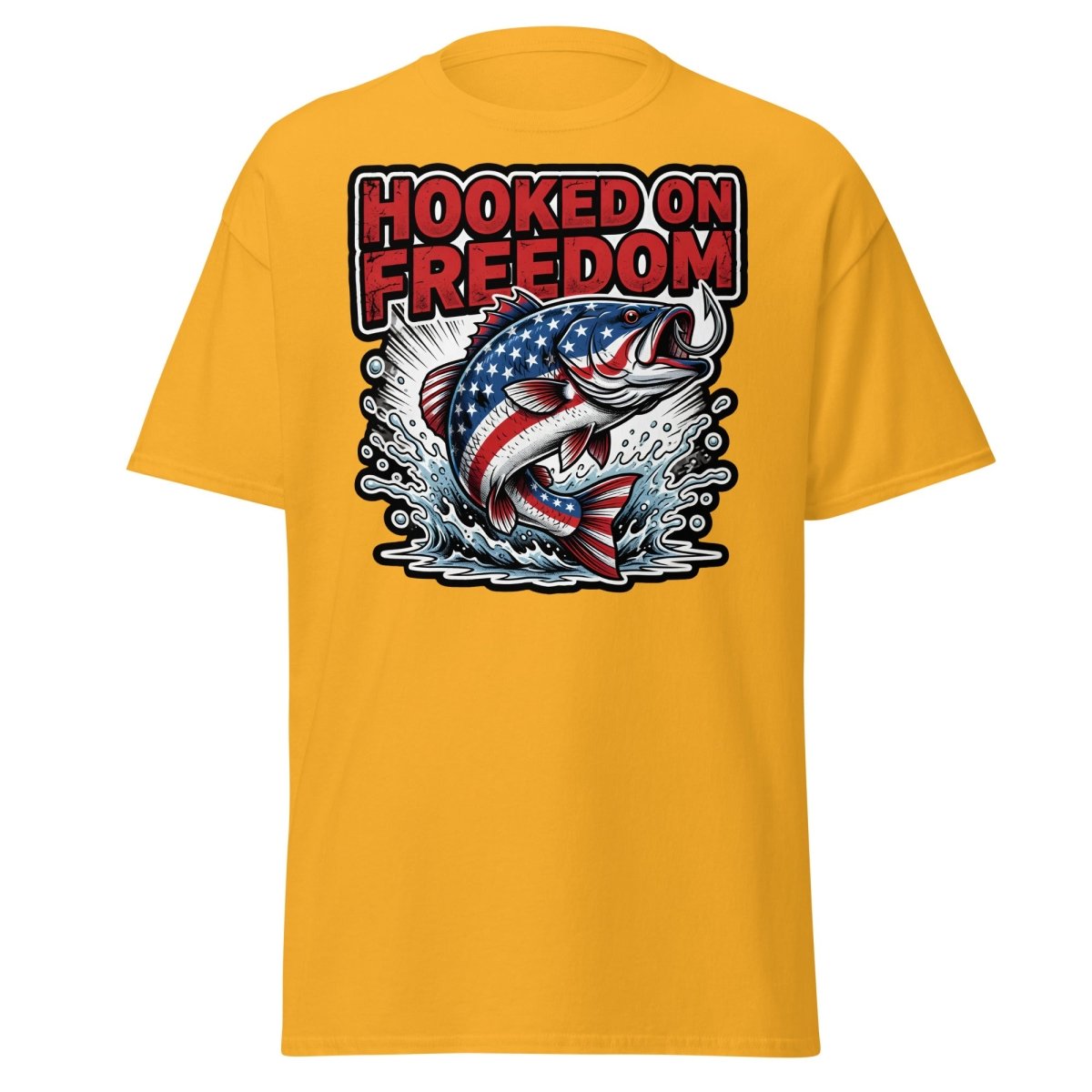 Hooked on Freedom Patriotic Bass Fishing T-Shirt USA Flag - Gold - TeeRipple