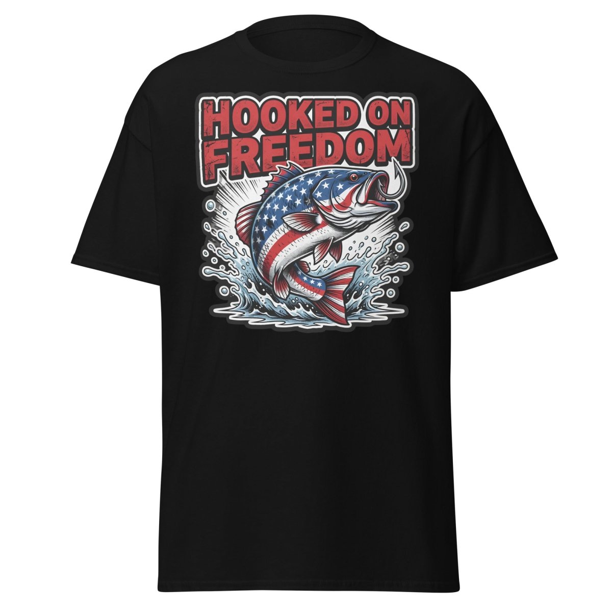Hooked on Freedom Patriotic Bass Fishing T-Shirt USA Flag - Black - TeeRipple