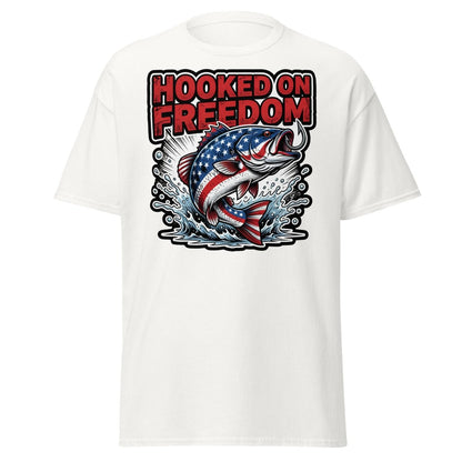 Hooked on Freedom Patriotic Bass Fishing T-Shirt USA Flag - White - TeeRipple